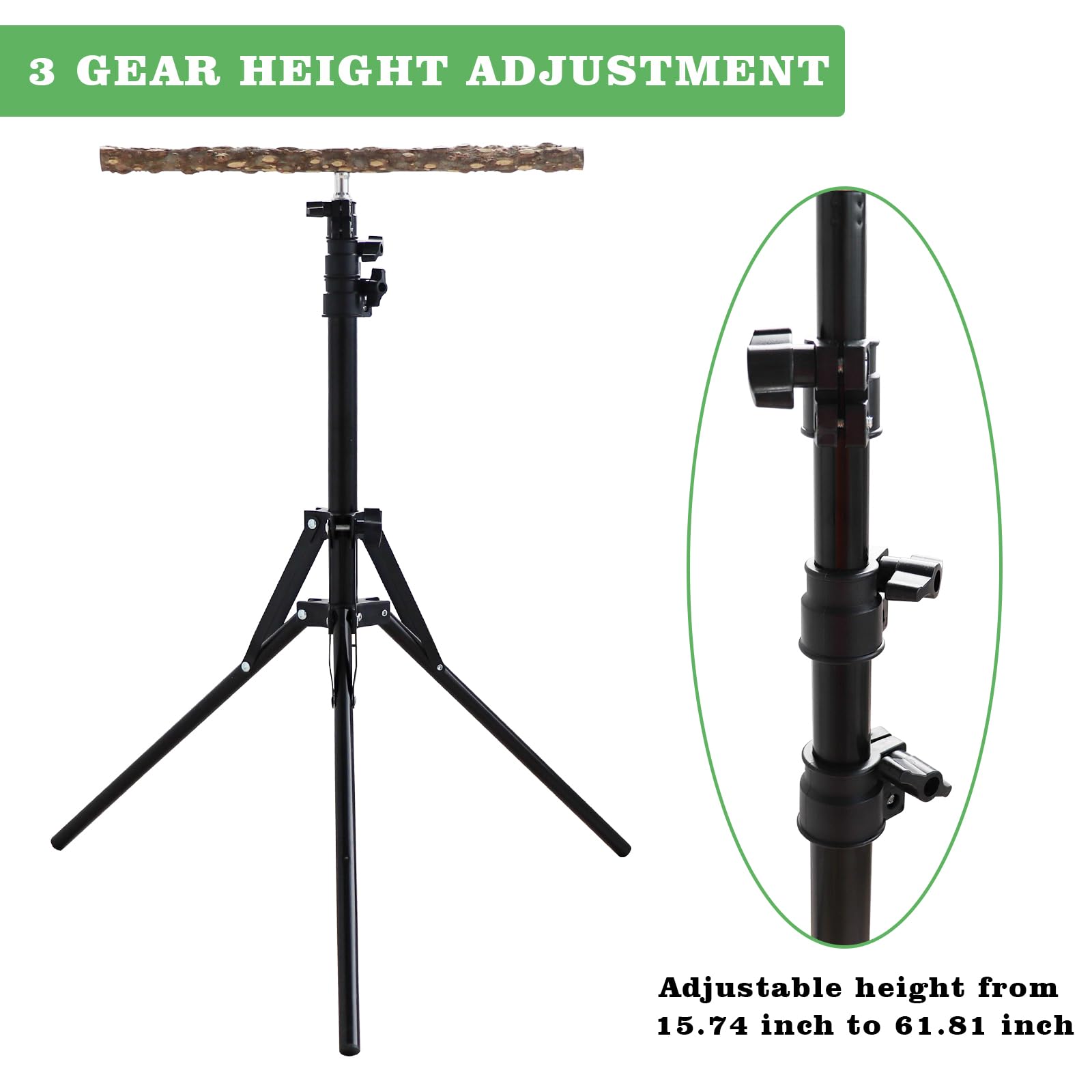 Wooden Bird Perch Stand with a Height Adjustable Tripod, Bird Training Accessories for Indoor or Outdoor, Bird Stand for African Grey, Budgies, Cockatiels, Lovebirds, Conures, Small to Medium Birds