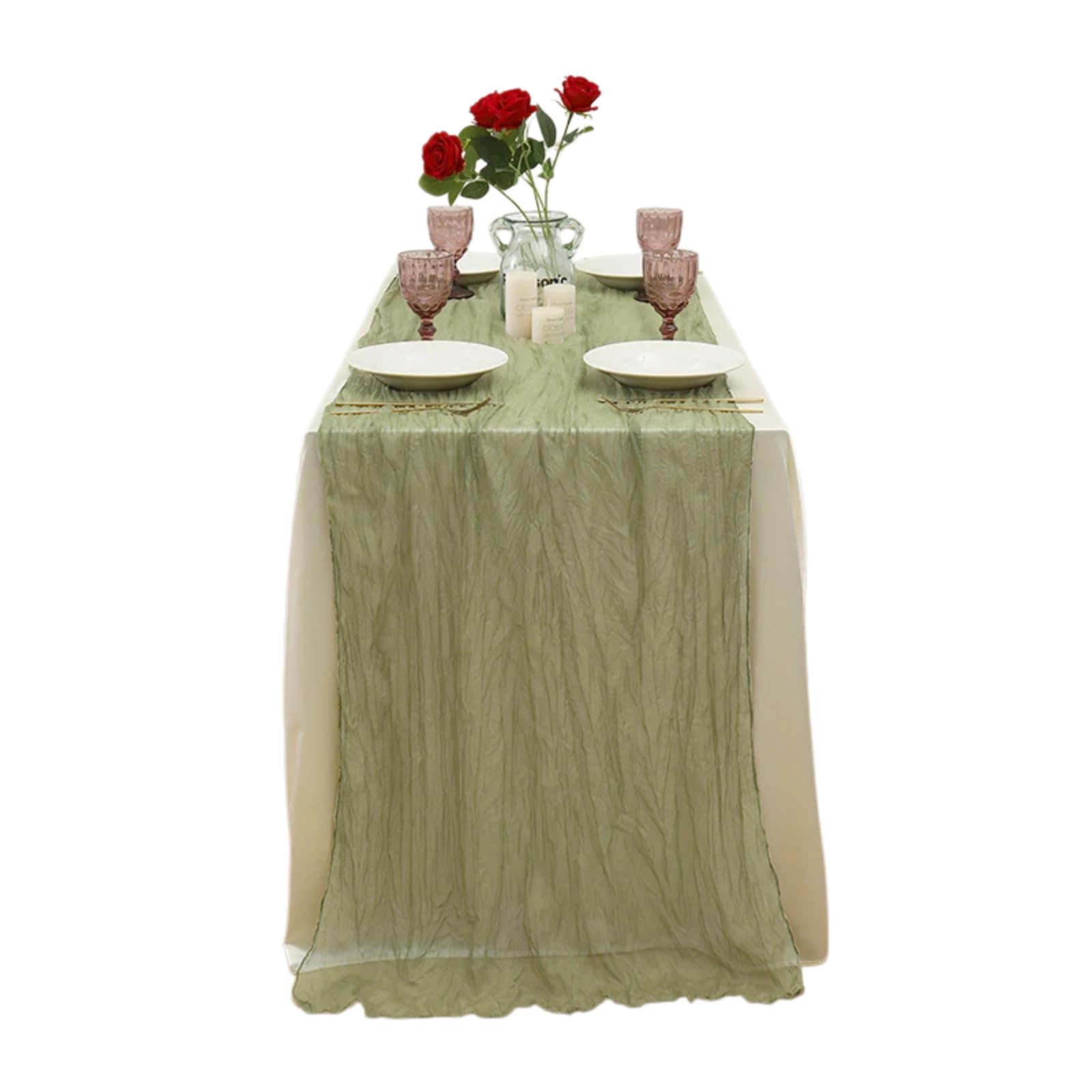 Crinkled Sheer Gauze Table Runner, Semi Transparent Boho Cheesecloth Table Runner for Wedding Birthday Dinner Party Bridal Shower Restaurant Table Decor