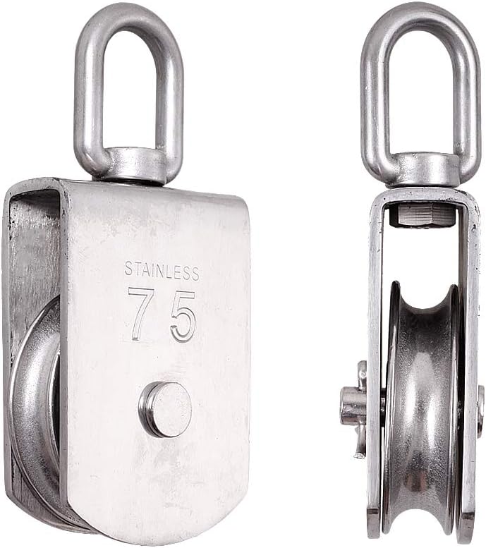Super Sale 🛒 Rocaris 2 Pack M75 Lifting Single Pulley Roller Loading 1700Ibs, 304 Stainless Steel Heavy Duty Single Wheel Swivel Lifting Rope Pulley Block