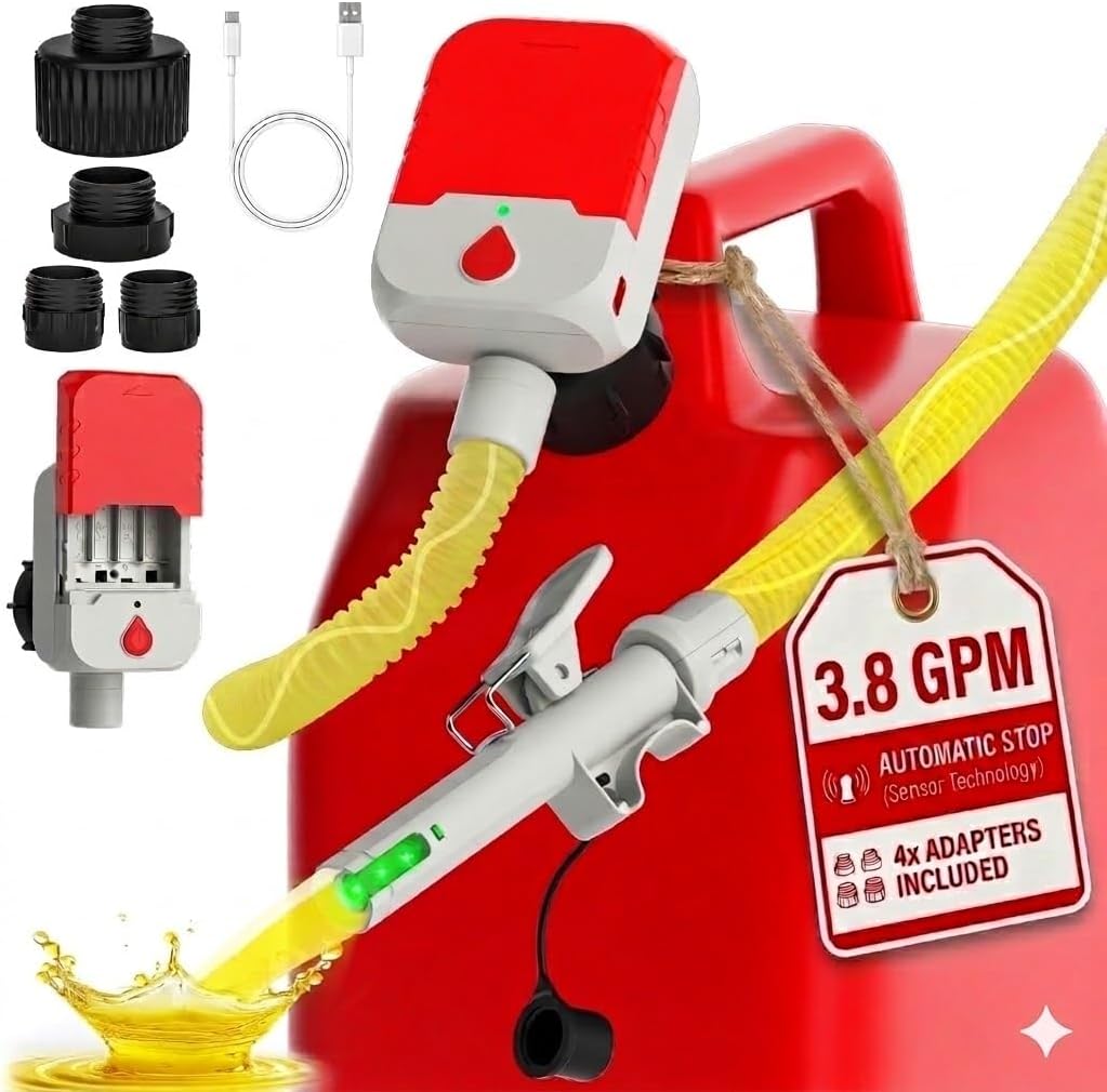Bonviee Portable Fuel Transfer Pump with Auto-Stop– 3.8 GPM High-Speed Gas Can Pump, 51” Hose, Battery or USB Powered, 4 Universal Adapters, Cordless No-Spill Pump for Gasoline, Diesel & Oil