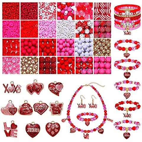2300PCS+ Valentine’s Day Beads for Jewelry Making, Red Polymer Clay Beads Assorted Rhinestone Crystal Acrylic Beads Spacer Beads Heart Charms for Bracelet Necklace Making DIY Crafts Valentines Gifts Cover