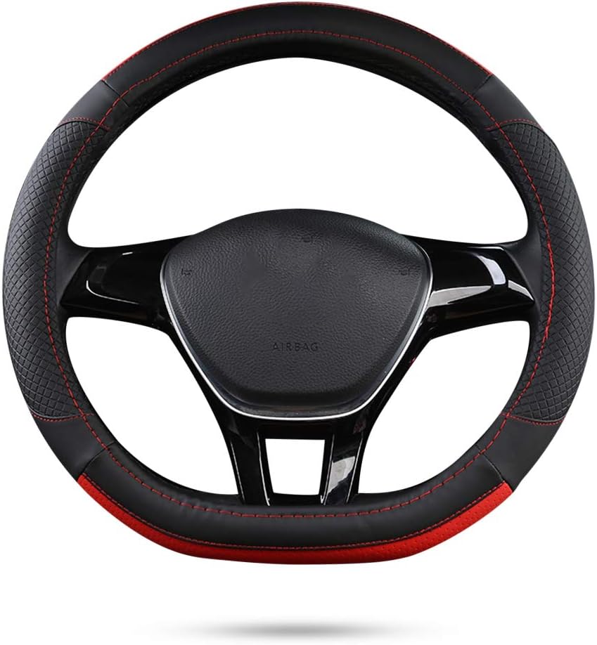 Ergocar Sport D-shape Car Steering Wheel Cover Non-slip Car Steering Wheel Protector Microfiber PU Leather Universal For Diameter 38cm(15") (Black-Red)