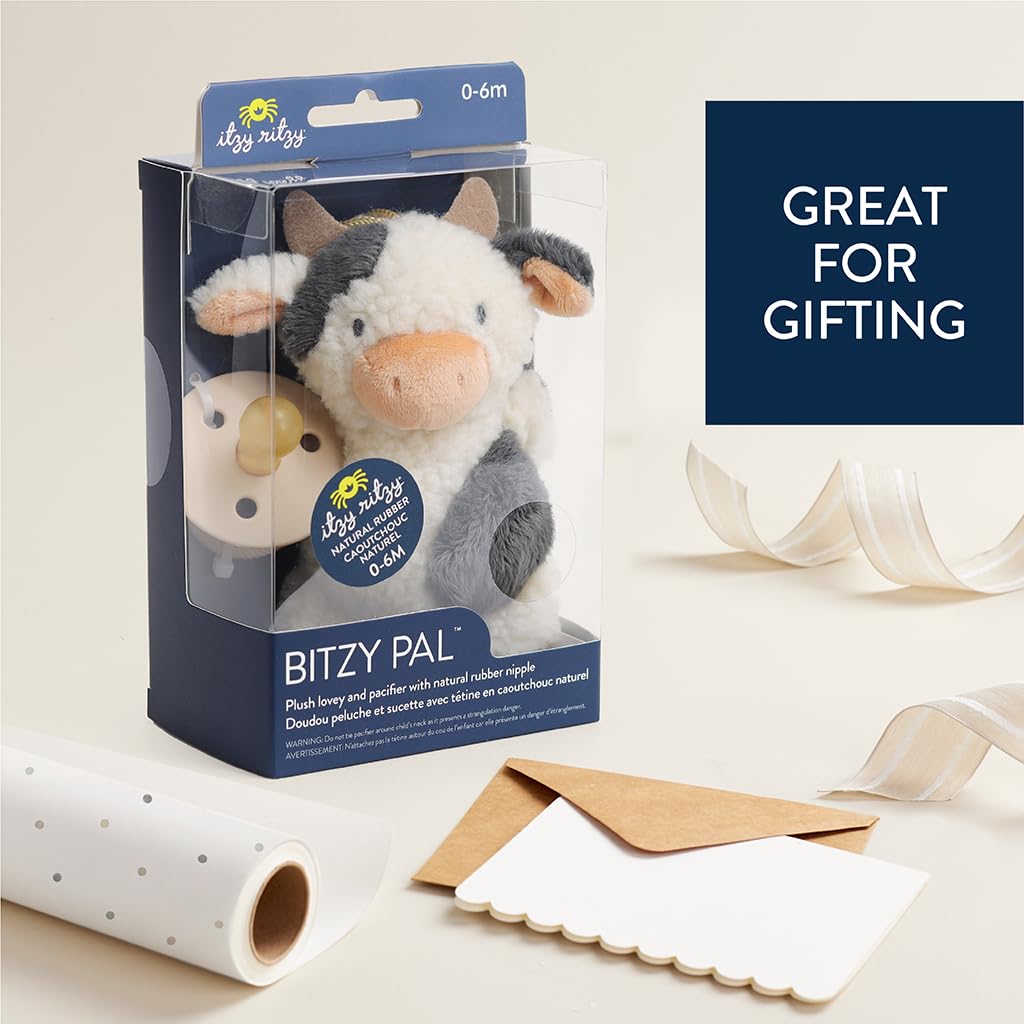 Itzy Ritzy Pacifier & Lovey Set - Natural Rubber Pacifier with Stuffed Animal Lovey - Detachable Plush Cow Binky Holder & Coordinating Natural Rubber Binky, Ideal for Ages 0-6 Months (Cow) - Image 6