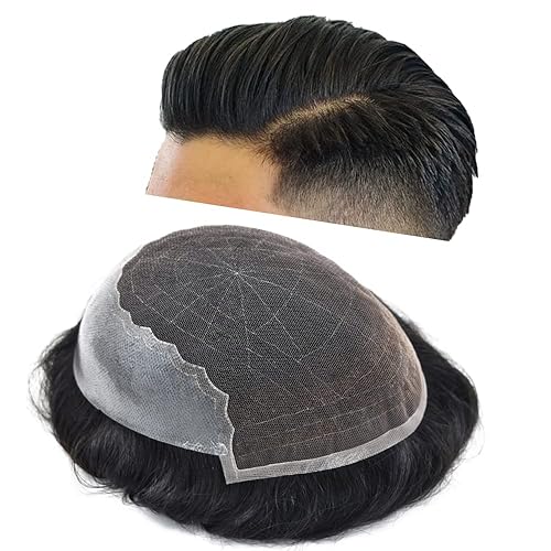 RESHE Mens Toupee - Pieza de cabello humano con encaje suave, sistema de cabello para hombres, postizo para hombre, 8 x 10 pulgadas, #1B, negro,