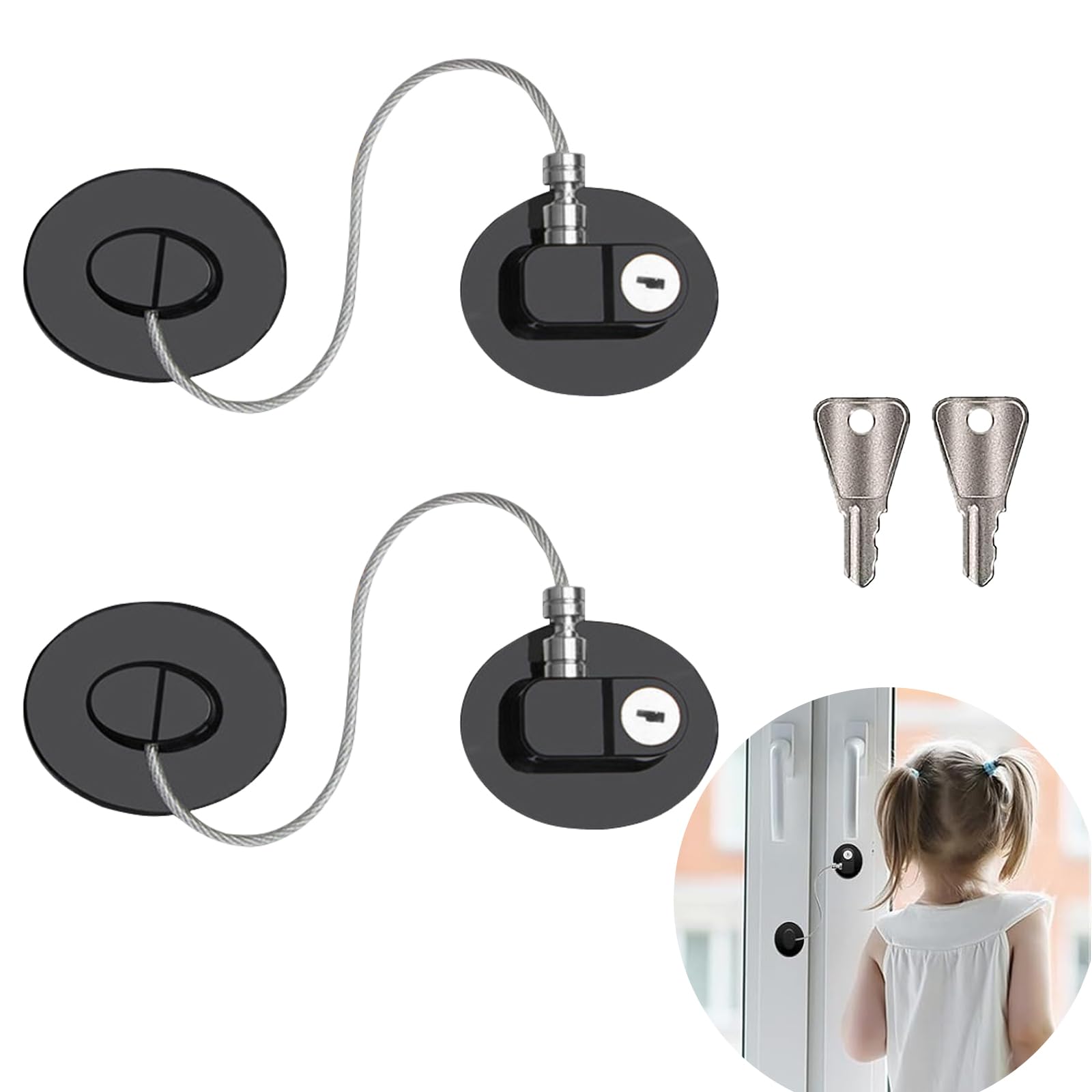 2 Piezas Seguridad Ventanas Niños, Cerradura para Puerta de Frigorífico con Llaves, Autoadhesivo No Requiere Taladrar Cerraduras Seguridad para Armario Puertas Ventanas (Óvalo Negro)