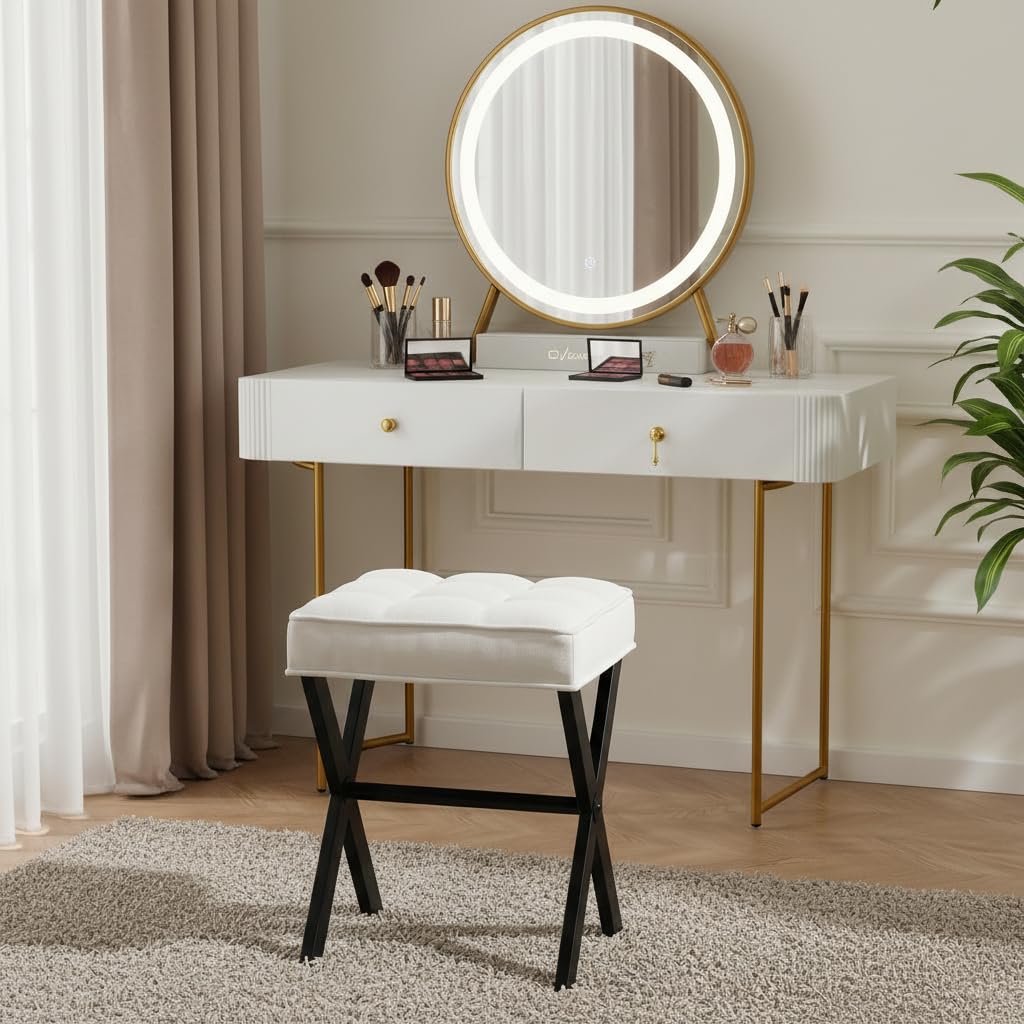 Klappbarer Fußhockel und moderner Fußhockel mit X-Beinen, Make-up-Hocker, gepolsterter Hocker für Wohnzimmer, Schlafzimmer(X-Wohnzimmer, Schwarze Hockerbeine gepaart mit weißer Leinen)