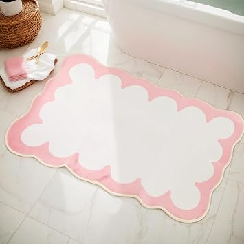 Scalloped Pink Rugs for Bathroom, Bath Mat with Scalloped Wavy Ripple Design, Cute Aesthetic Girly Bath Mat for Womens Bathroom, Tub, Sink, Shower, Non Slip, Washable 20x31 inch