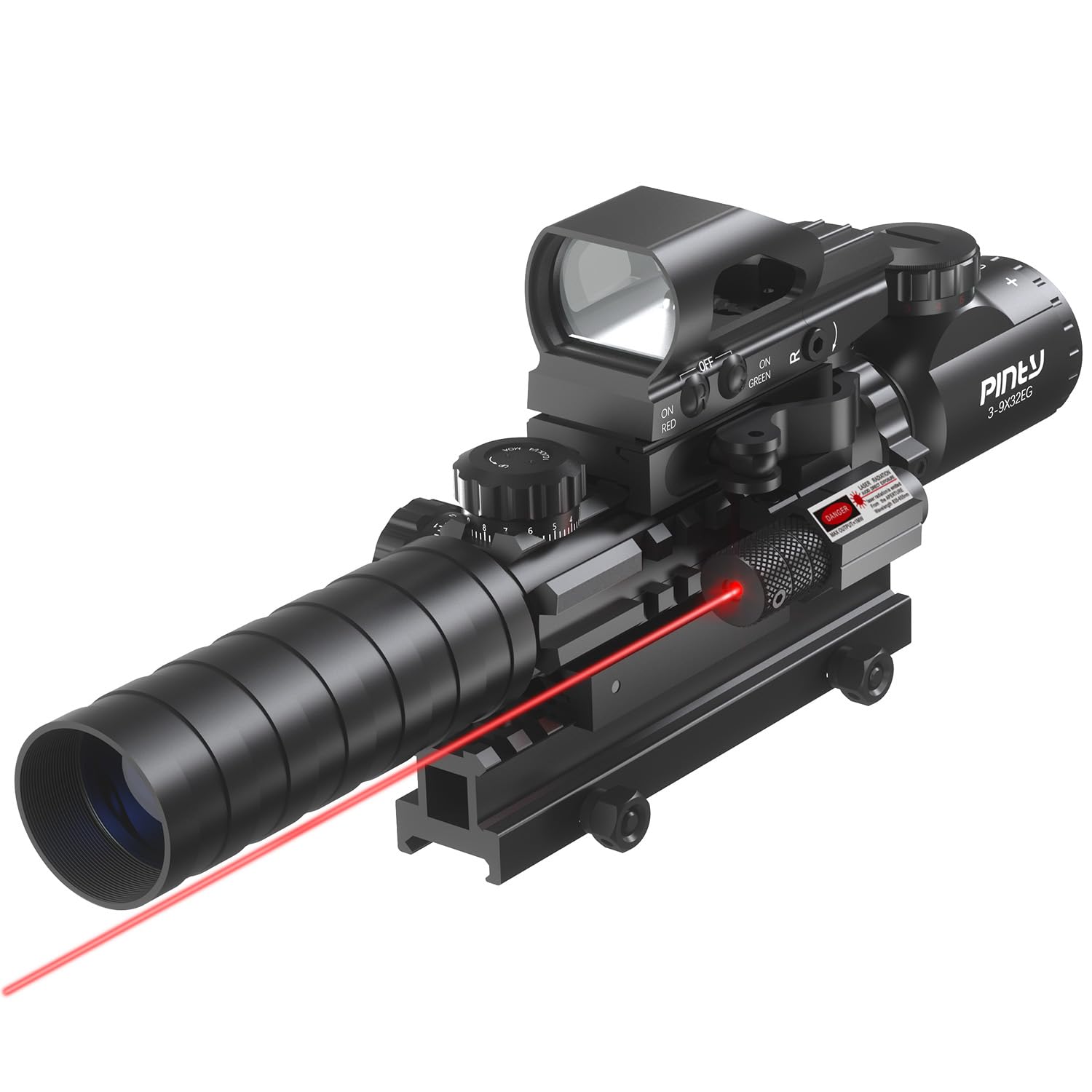 PINTY Rifle Optical Scope & Red Dot Combo with Red/Green Laser, Illuminated Reticle for 20mm Picatinny Rail 3-9x32