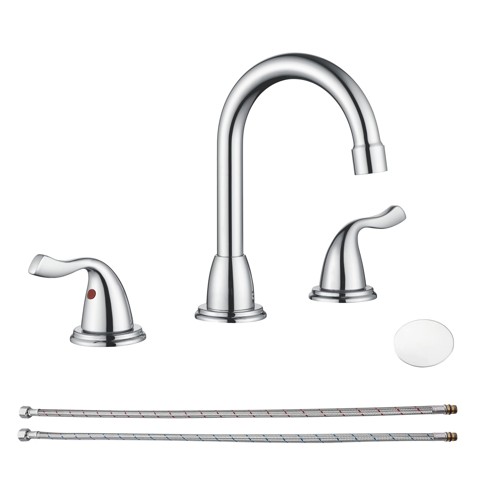 RKF RKF03011 - Grifos de baño para fregadero de 3 agujeros cromados pulidos de 8 pulgadas con desagüe de doble palanca, grifo mezclador de lavabo con manguera y cubierta