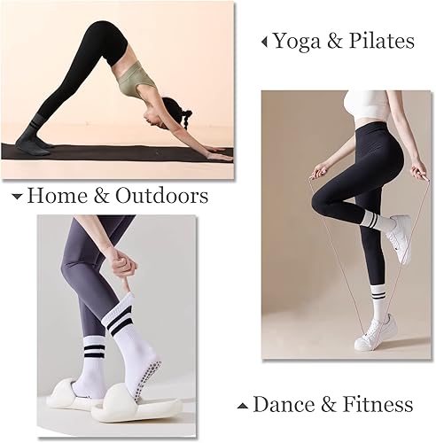 Miniatura 3 de Flydo Calcetines de agarre para pilates con empuñaduras para mujer, calcetines antideslizantes de yoga de longitud larga para Pure Barre, ballet,