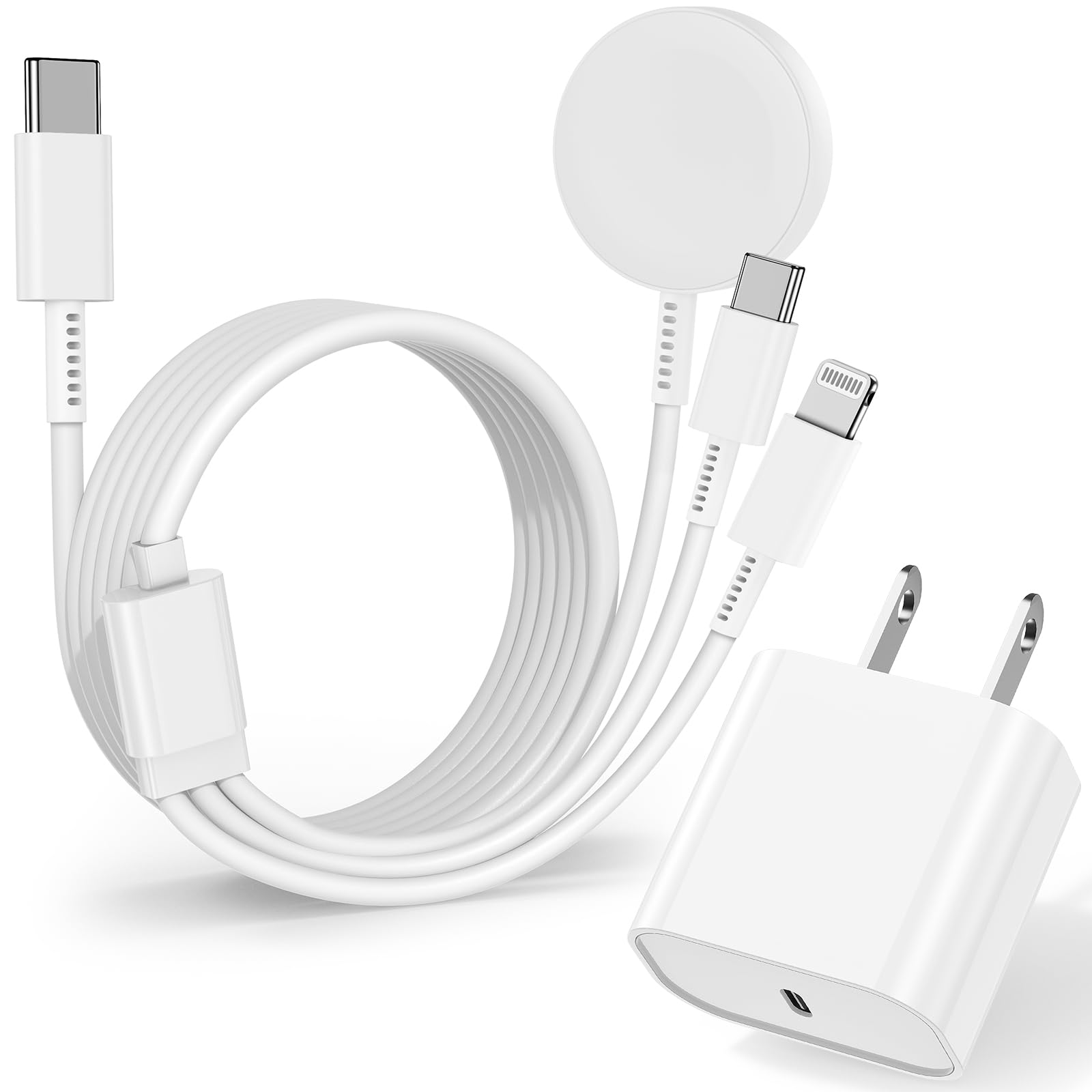 for Apple Watch Charger Fast Charging 6FT, 3 in 1 Multi Charging Cable with USB C iPhone iWatch Charger for Apple iWatch Series 11/10/9/8/7/Ultra3/Ultra 2/SE/6/5/4/iPhone 17/16/15/14/13/12/11-White White 6ft-3in1