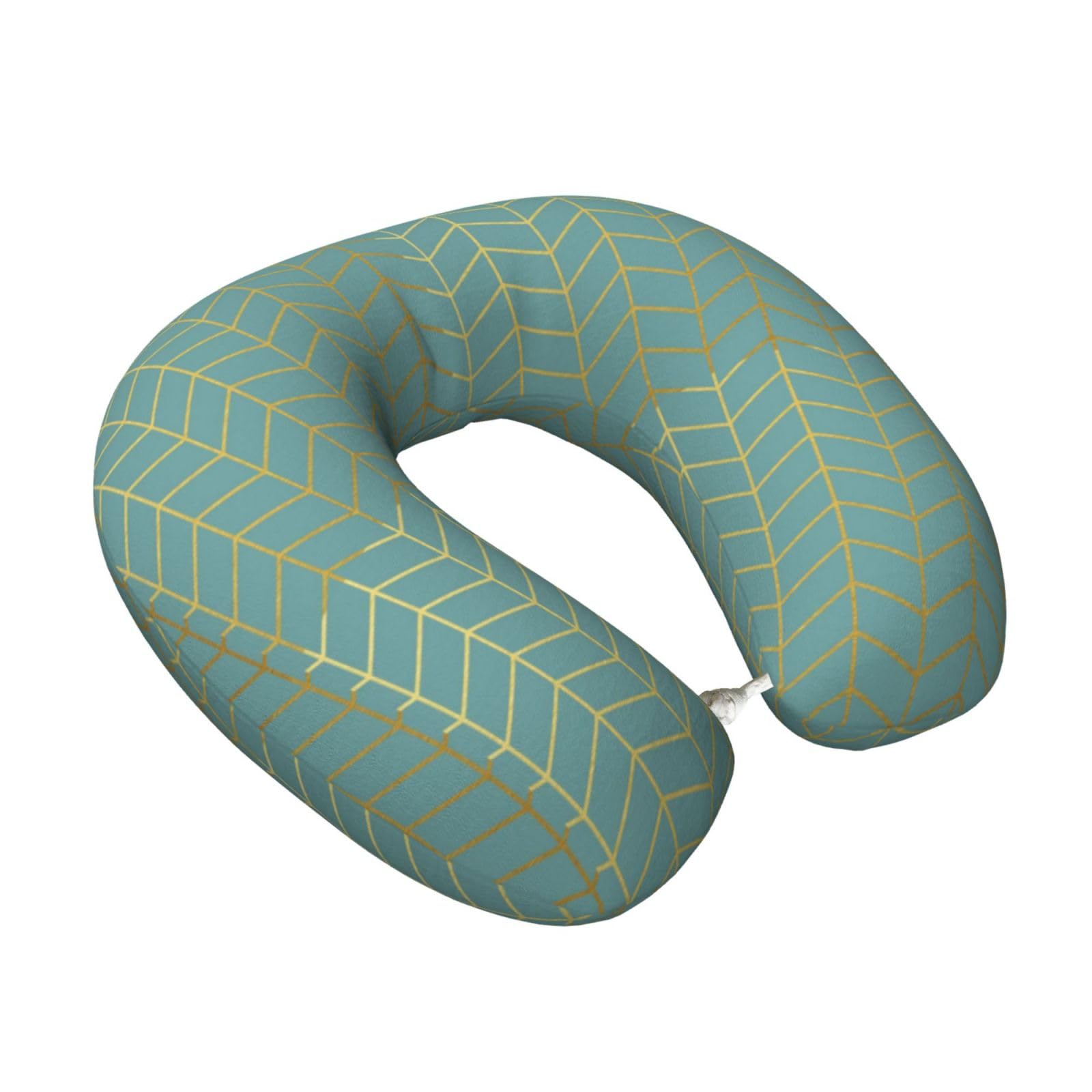 LKYMOH Herringbone Pattern Faux Gold Foil Teal Geometric, Travel Neck Pillow U-Shaped Memory Neck Support Soft Comfortable With Washable Cover For Airplane Car Traveling and Office