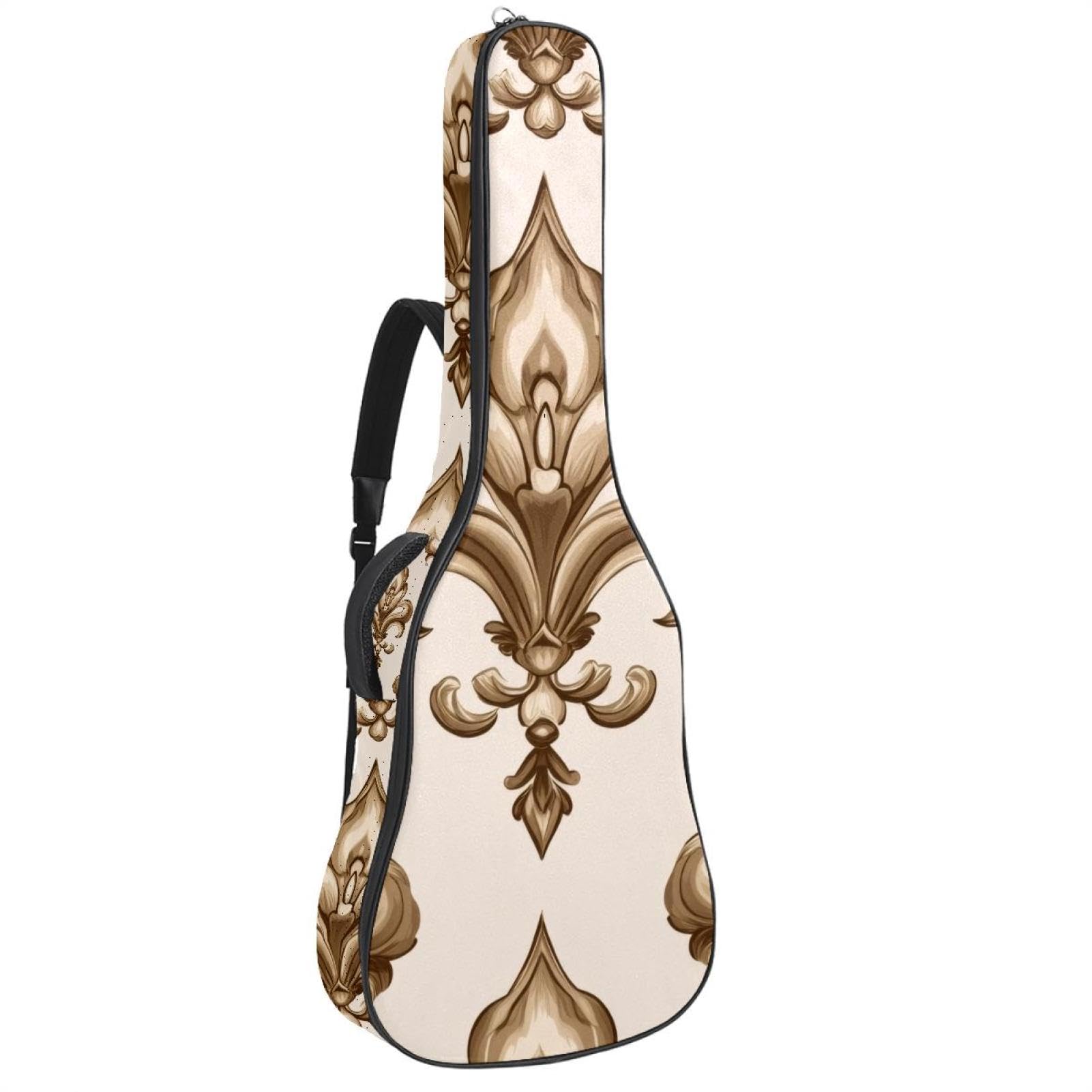Beige Brown Fleur De Lis Seamless Pattern Acoustic Guitar Gig Bag, 1 cm Thick Padding Waterproof Guitar Case Backpack with Dual Adjustable Shoulder Strap for 40-42 Inch Guitar