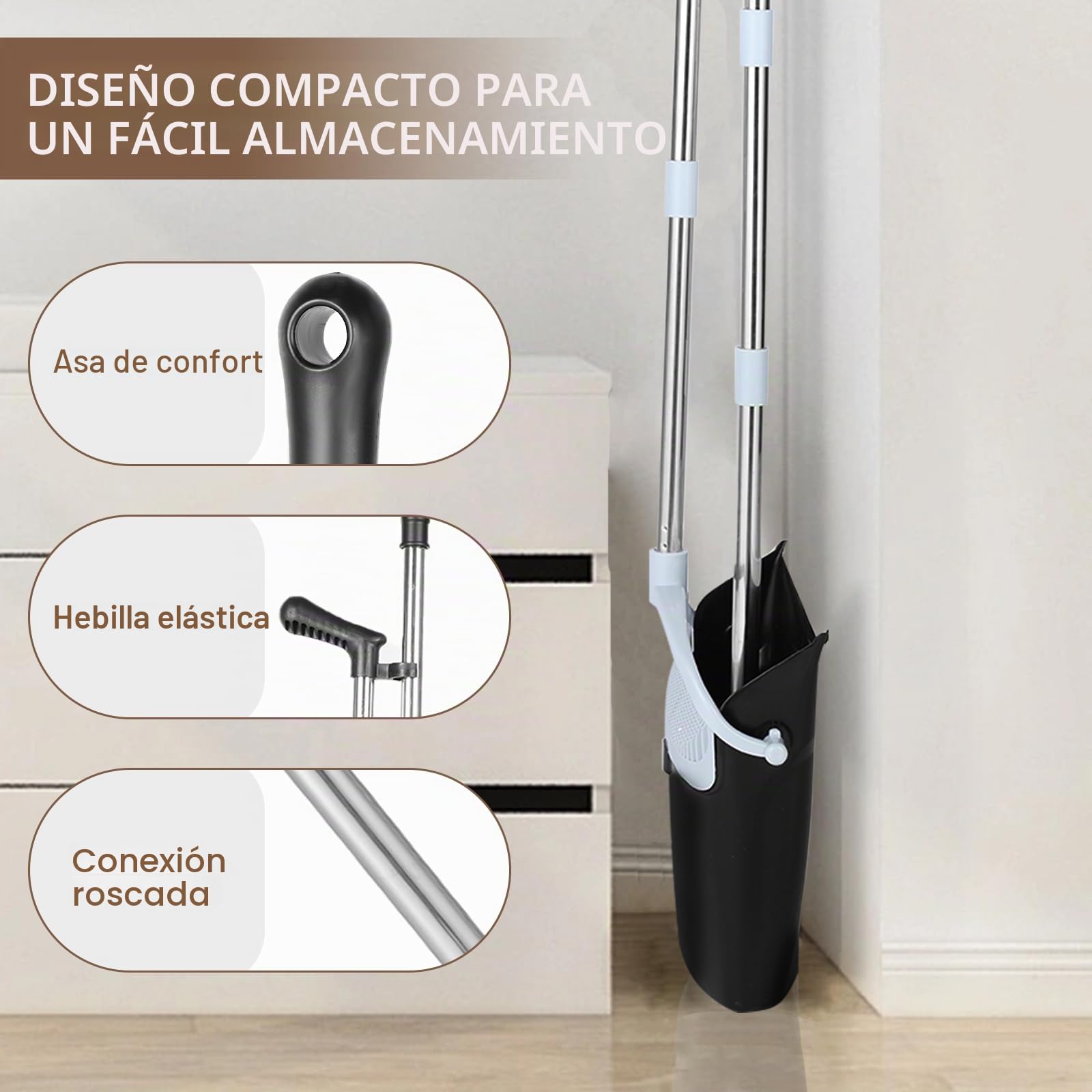 Escoba y Recogedor Plegable 138 cm Plástico Acero Inoxidable Mango Telescópico 8 Piezas Negro Blanco