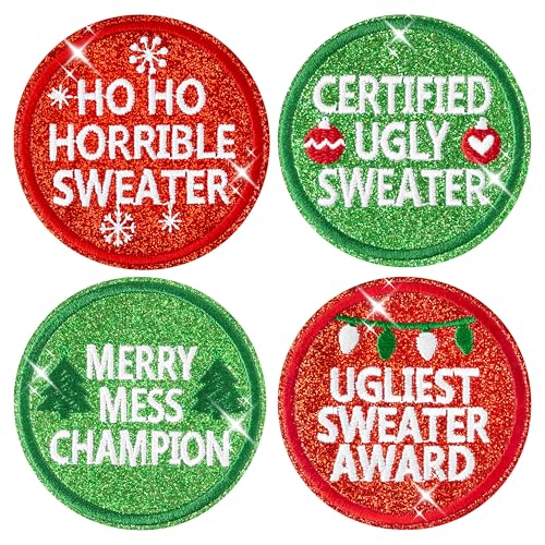4Pcs Christmas Ugly Sweater Iron on Patches Glitter Ugliest Sweater