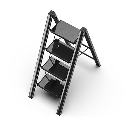 GameGem 4 Step Ladder, Aluminum Folding Step Stool with Anti-Slip Sturdy and Wide Pedal, Lightweight Portable Stepladder for Home and Kitchen Use, Black, 330 lbs