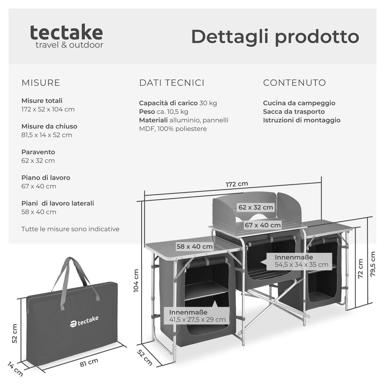 tectake® Cucina da Campeggio, Mobile da Campeggio con Piano di Lavoro e Ripiani, Cucina da Esterno Pieghevole, Idonea per Fornello a Gas, Borsa per Trasporto Inclusa