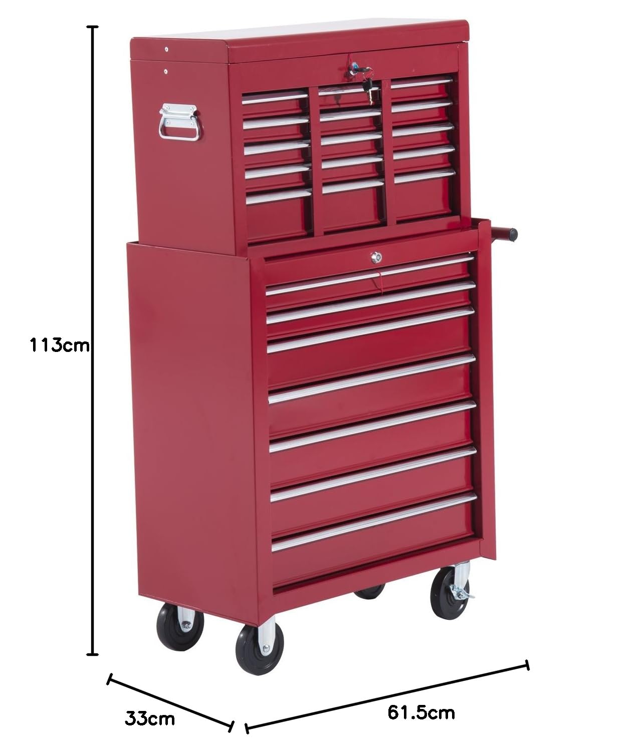 HOMCOM Carro Caja de Herramientas Taller Movil 16 Cajones 4 Ruedas 2 Cerraduras Rojo