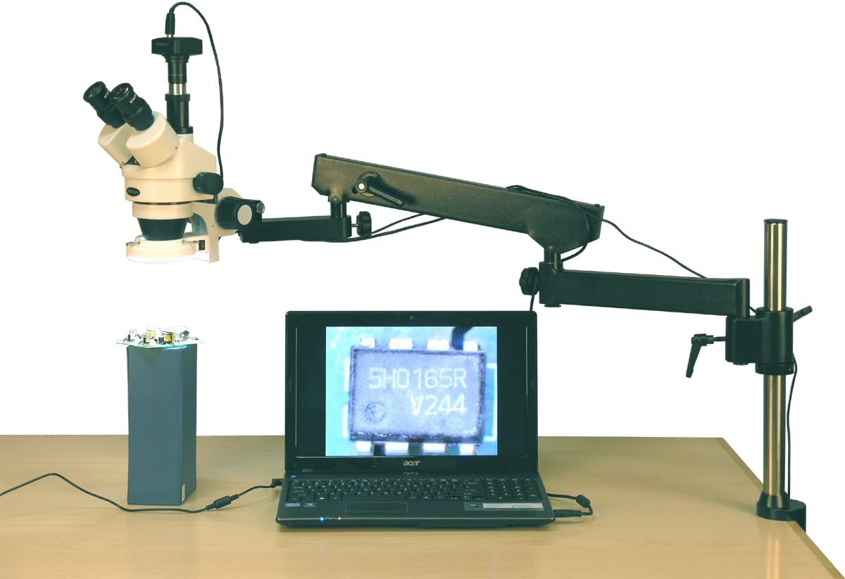 AmScope SM-8TZ-144S-5M Digital Professional Trinocular Stereo Zoom Microscope, WH10x Eyepieces, 3.5X-90X Magnification, 0.7X-4.5X Zoom Objective, 144-Bulb LED Ring Light, Articulating-Arm Boom Stand, 110V-240V, Includes 0.5x and 2.0x Barlow Lenses and 5MP Camera with Reduction Lens and Software