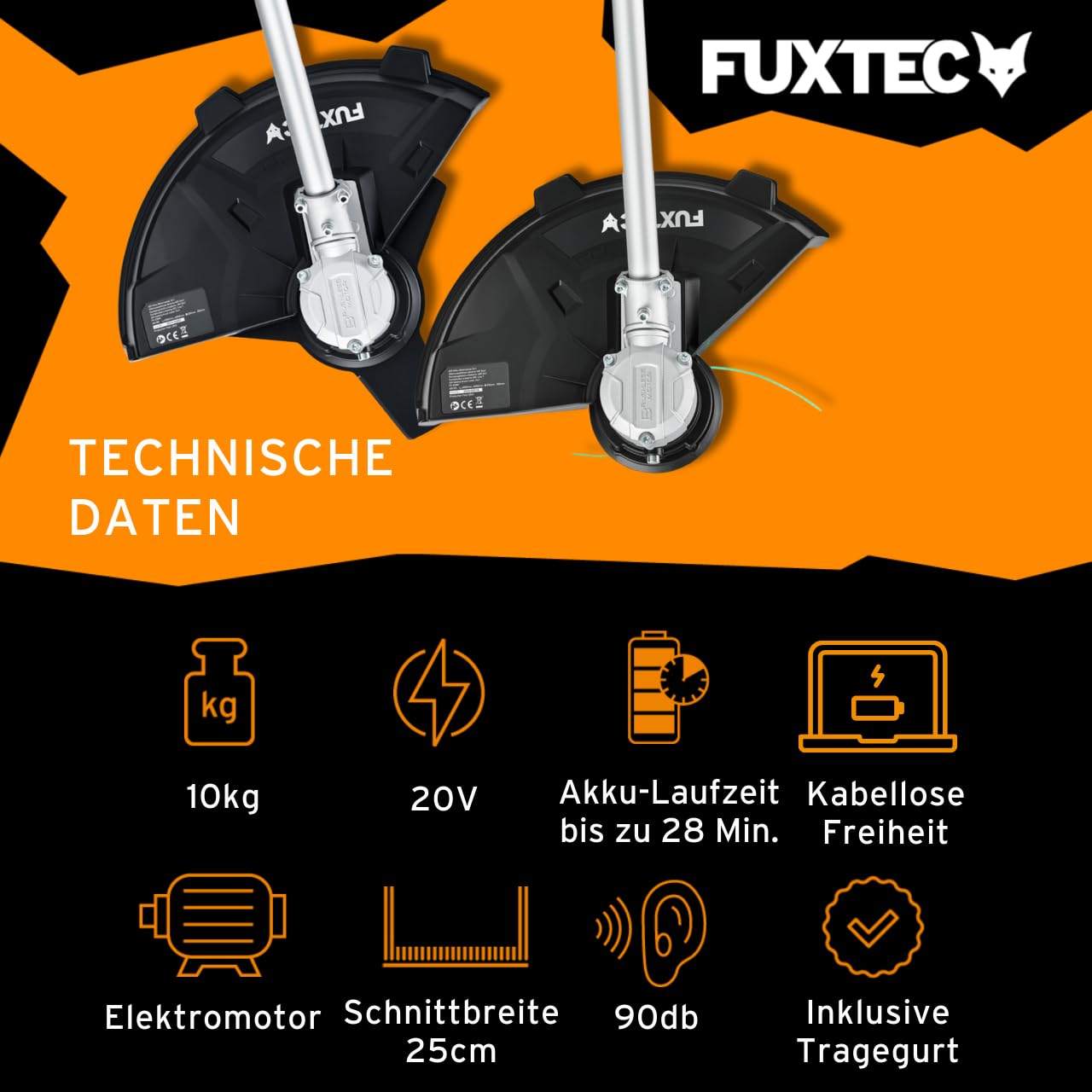 FUXTEC Akku Motorsense 2x20V FX-E2MSSET– Schnittbreite 25,5 – 35cm, 10Kg leicht, bis zu 6000 U/min (mit Akku & Ladegerät)