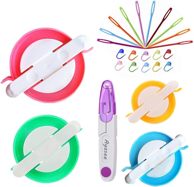 Pompom Maker Kits, Pom pom Knitting Loom Kit Fluff Ball Weaver Needle Craft DIY Knitting Crochet Craft Tool Kit, 4PS Pompom Maker+10PS Knitting Stitch Markers+10PS Plastic Needles (25)