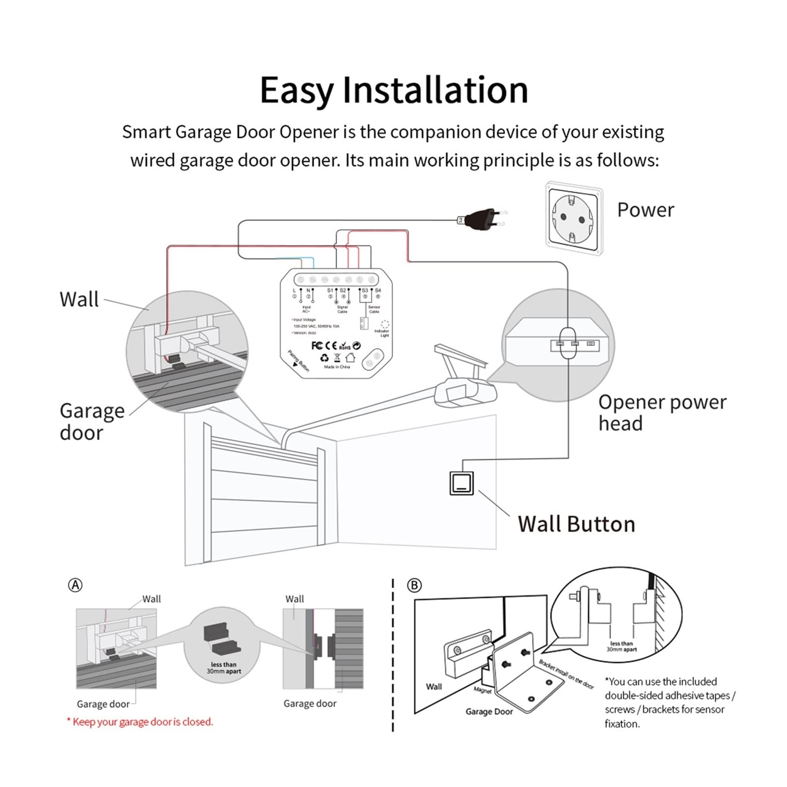 Apriporta del garage, Tuya Smart Life. Wi. Apriscatole del controller della porta del garage con il controllo vocale di avviso dell'app del sensore Nessun hub necessario Fai da te