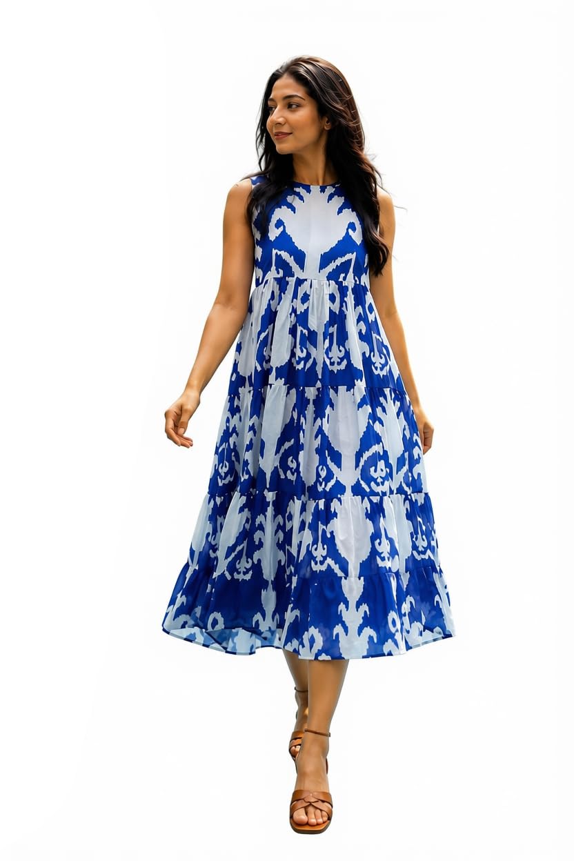 Women’s Sleeveless Printed Midi Dress, Blue White Tiered Flared Summer Dress with Round Neck, Casual Ethnic Dress for Beach, Vacation, Brunch-picture-27