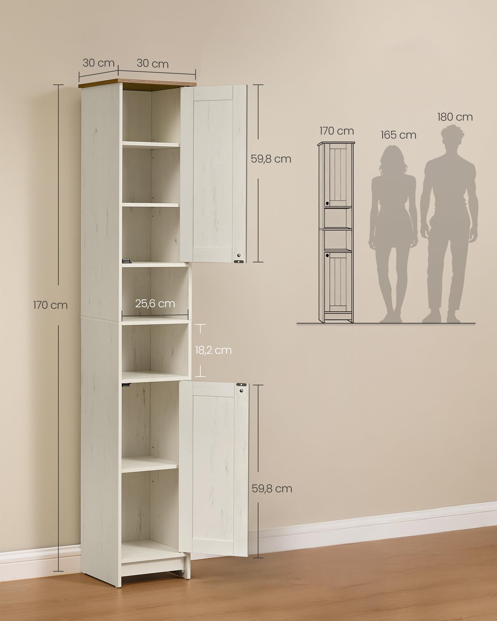 SONGMICS HOME Mobiletto da Bagno Stretto, Snapsemble Montaggio Rapido, Mobile Compatto con Ripiani Regolabili per Soggiorno, Ingresso, 30 x 30 x 170 cm, Bianco Vintage BBC667WJ01