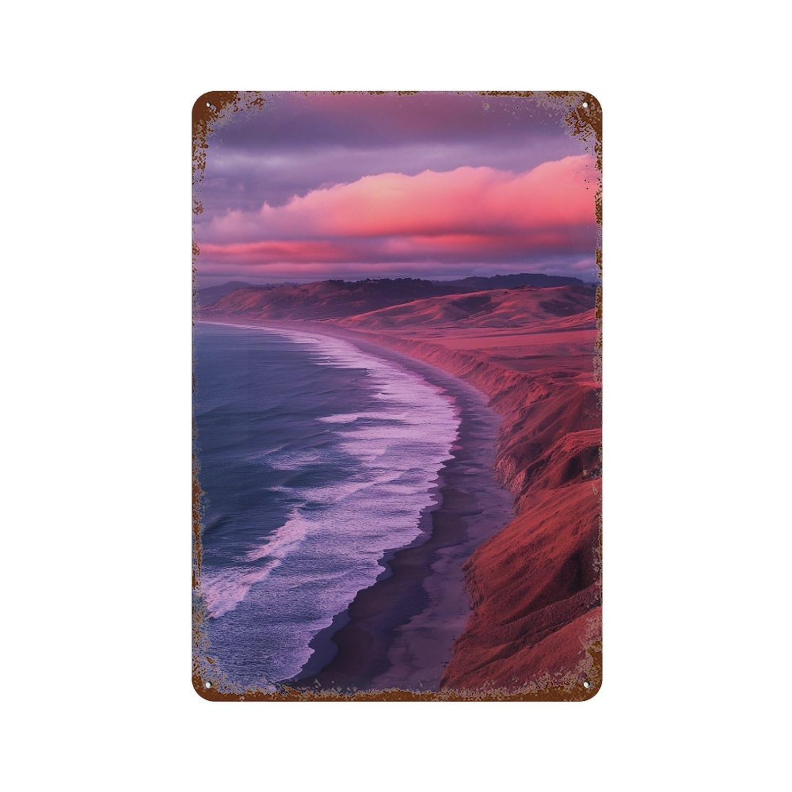 Rust Effect Ocean Waves Sunset Rustic Tin Plaque 11.8"x7.9", Old School Wall Decor for Shed, Workshop And Garage Wall Decor