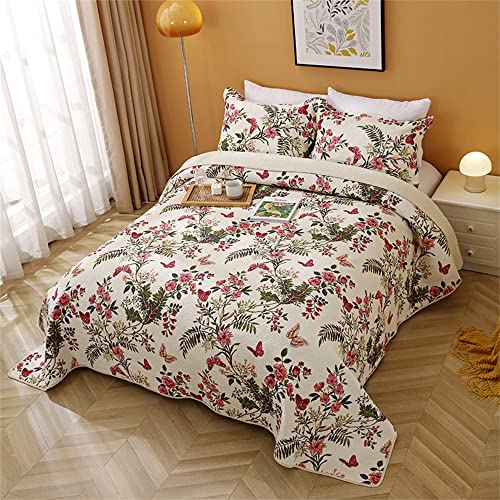 Abreeze Country Roses Patchwork Cotton Comforter Set Vintage Bedding Queen Size Quilt With 2 Shams Floral Print Queen Comforter Country Quilted Cotton Bedspread #TOP4