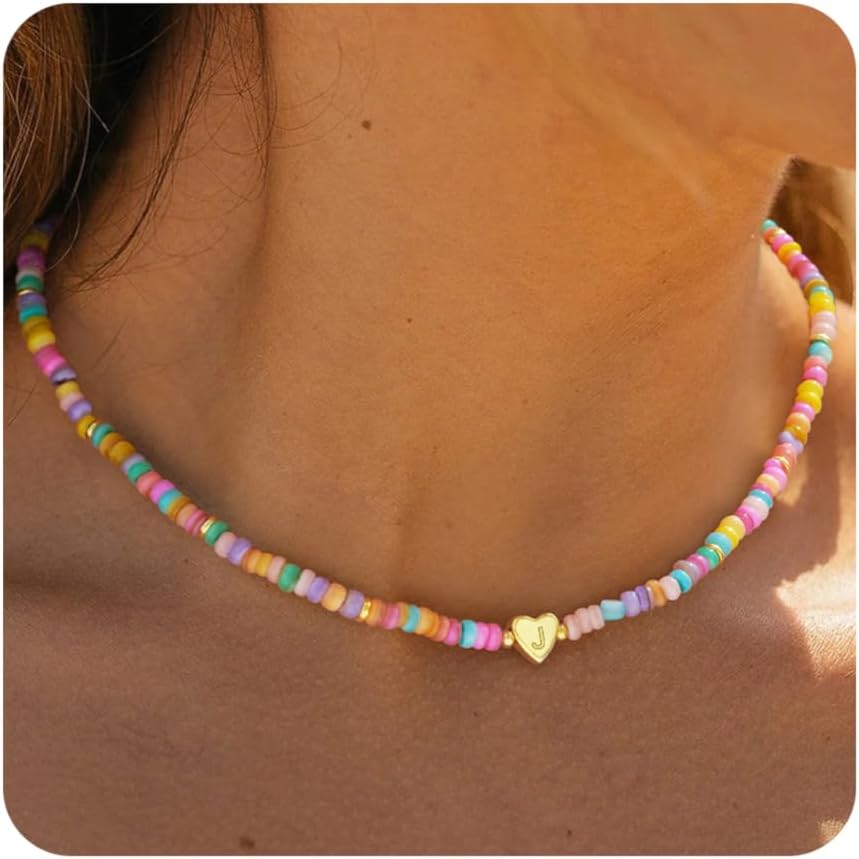 Valentines Day Gifts for Her-Initial Necklaces 14k Gold Plated Personalized Heart Letter A-Z Pendant Colorful beaded necklace Charm Dainty Gold Necklace Trendy Stuff Birthday Gifts for Her