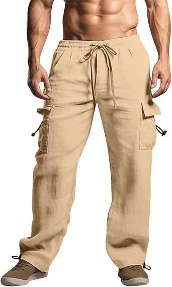 Relaxed Fit Casual Linen Cargo Pants for Men Elastic Waist Summer Beach Yoga Pants Outdoor Workout Jogger Sweatpants