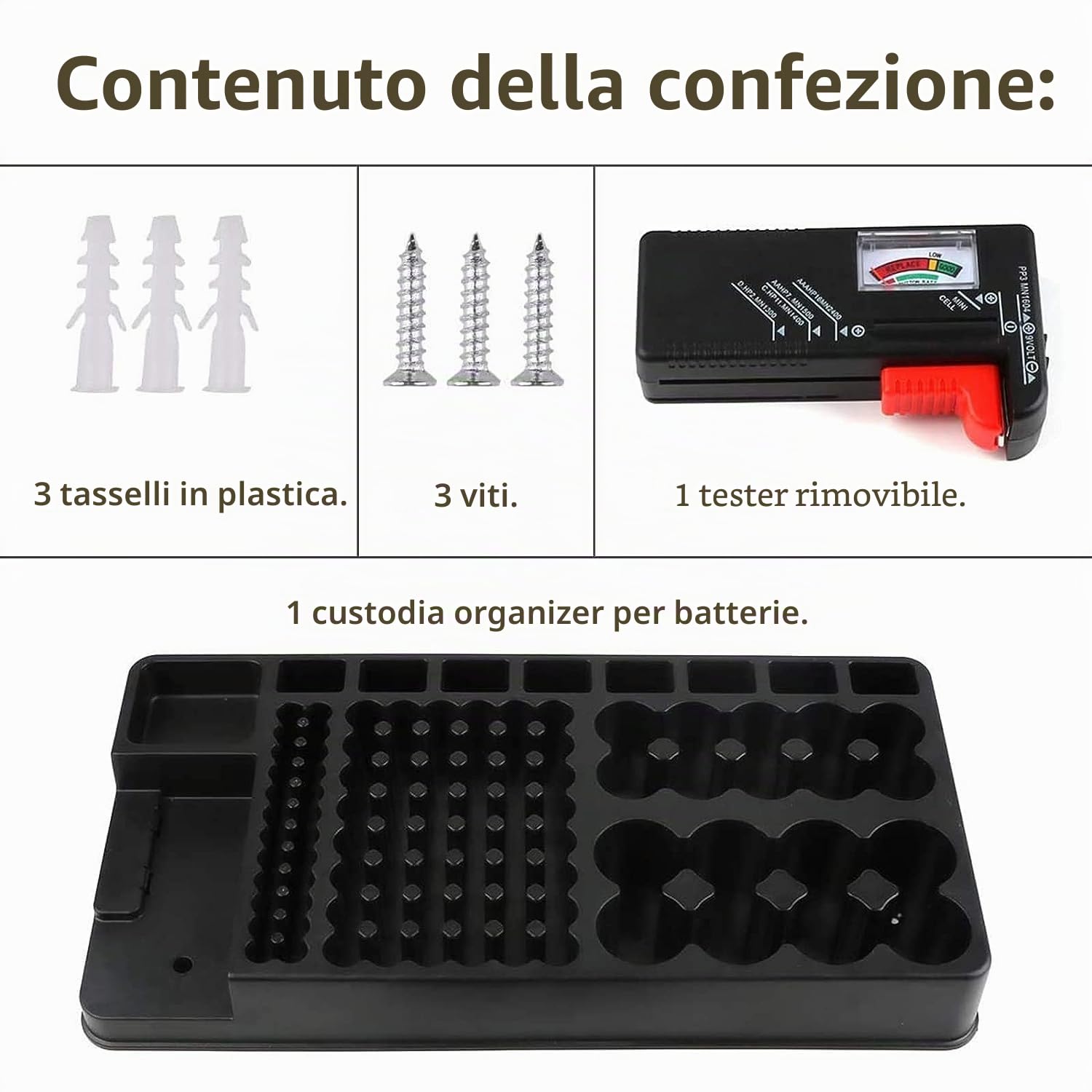 Organizzatore di Batteria 110 Slot per AAA AA 9V C D con Tester Rimovibile