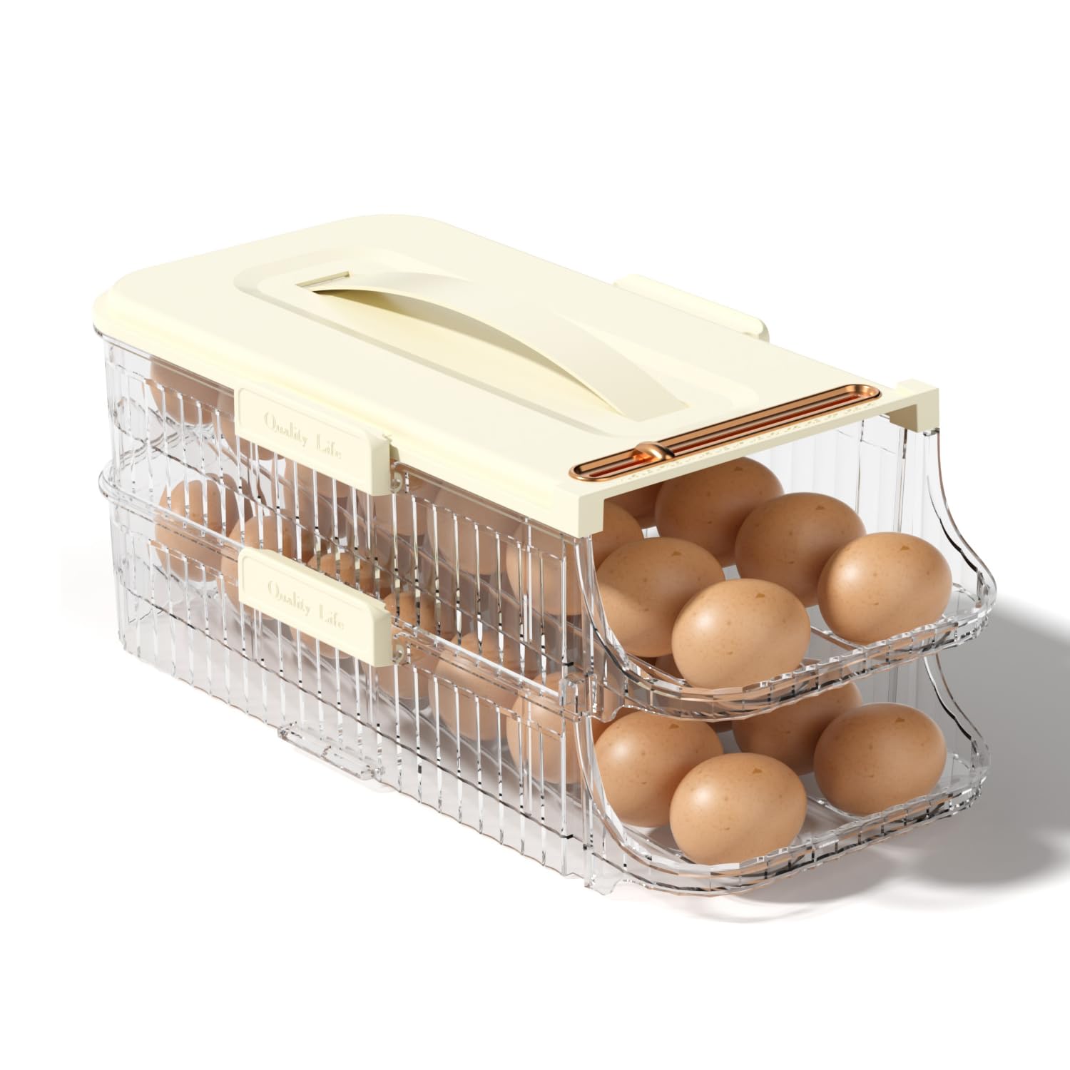 Eierhalter für Kühlschrank, automatischer Eierbehälter für Kühlschrank, transparenter Kunststoff-Eierspender, stapelbarer Eier-Organizer mit schnell herausnehmbarer Innenschale (transparent, 2 Ebenen)