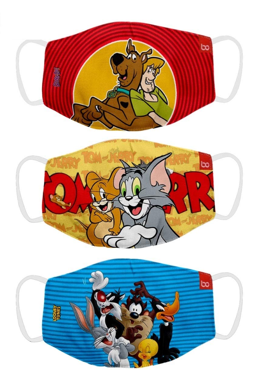 Tom And Jerry (OFFICIAL MERCHANDISE) 2 Ply Printed Cotton Cloth Face Mask Bundle For Kids (Set Of 3)