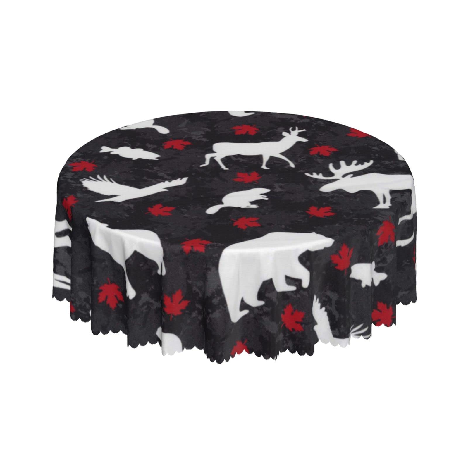 Lsjuee Maple Leaf Animal Canada Black Round Tablecloth 60 Inch Printed Washable Tablecloth for Dining Party Holiday Fall Home Decorative