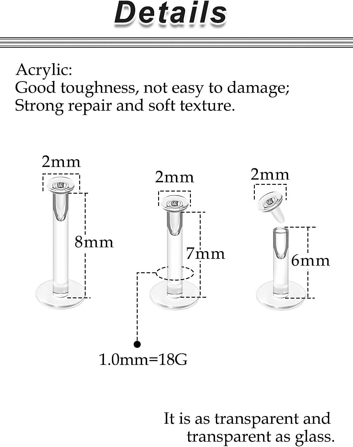16G 18G Clear Plastic Earrings Nose Studs Piercing Retainer for Surgery Sport Work Lip Labret Medusa Ring Bioflex Flat Back Tragus Helix Conch Earring Women Men 6mm 7mm 8mm 10mm 12mm