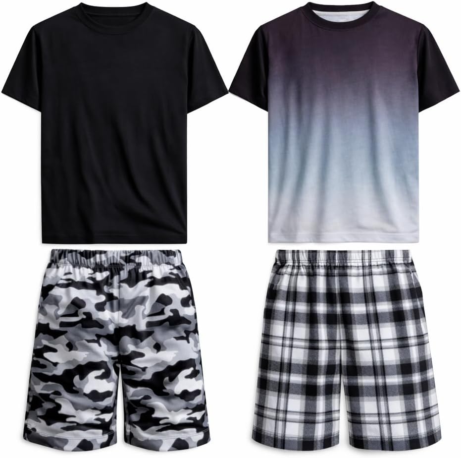 US Angels Pajamas Set for Boys, 4-Piece Set, Short Sleeve Shirt with Pajama Shorts