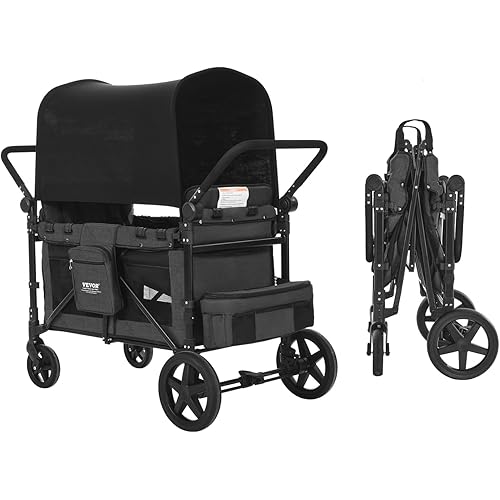VEVOR Wagon Stroller, 4-Seater Push-Pull Quad Collapsible Stroller Wagon with Adjustable Handle, Security Harness & Detachable Canopy, Utility for Outdoor, Dark Gray & Black (330lbs Capacity)