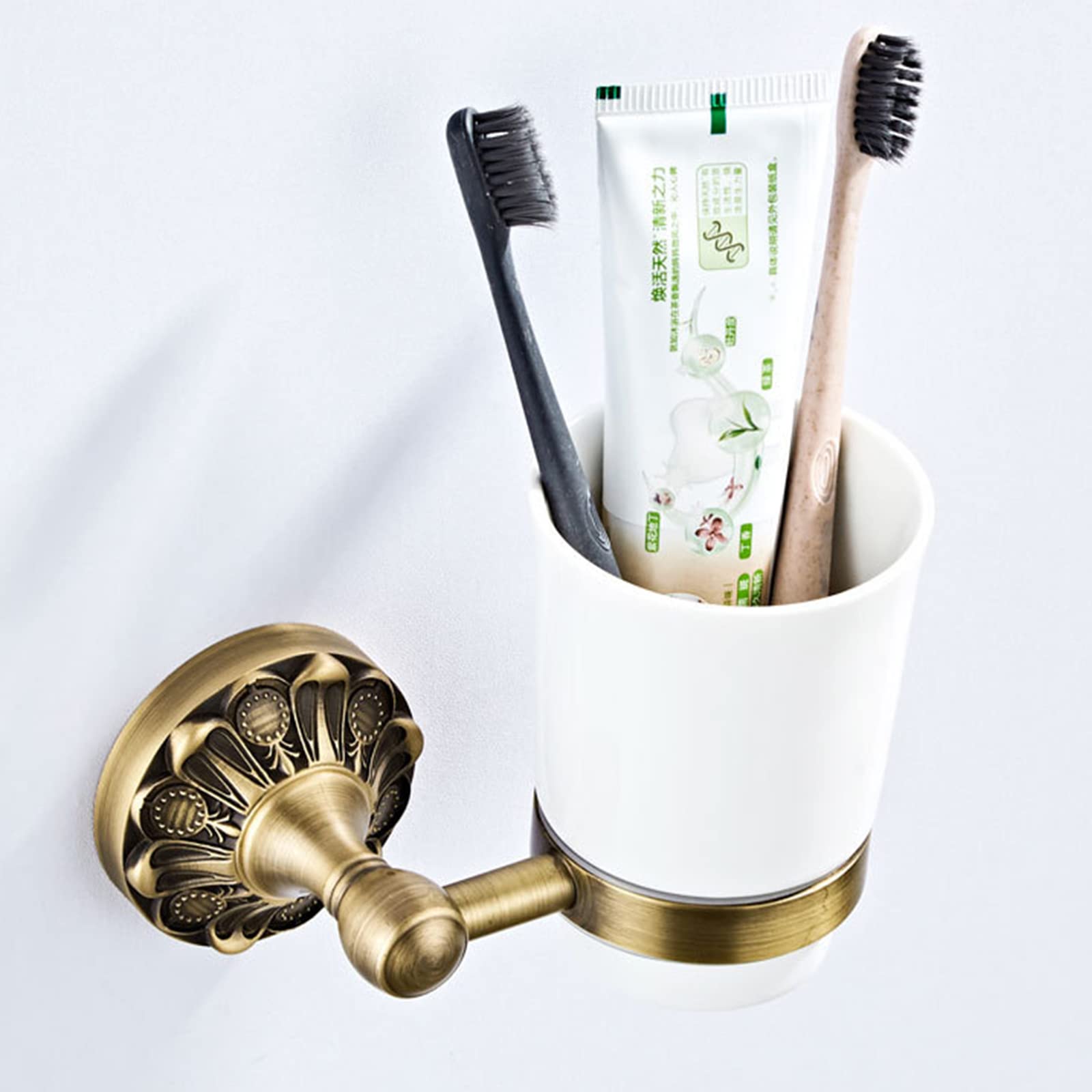 Soporte para Cepillos De Dientes, Soporte para Cepillos De Dientes De Baño Antiguo con Taza De Cerámica, Soporte para Cepillos De Dientes De Latón Montado En La Pared