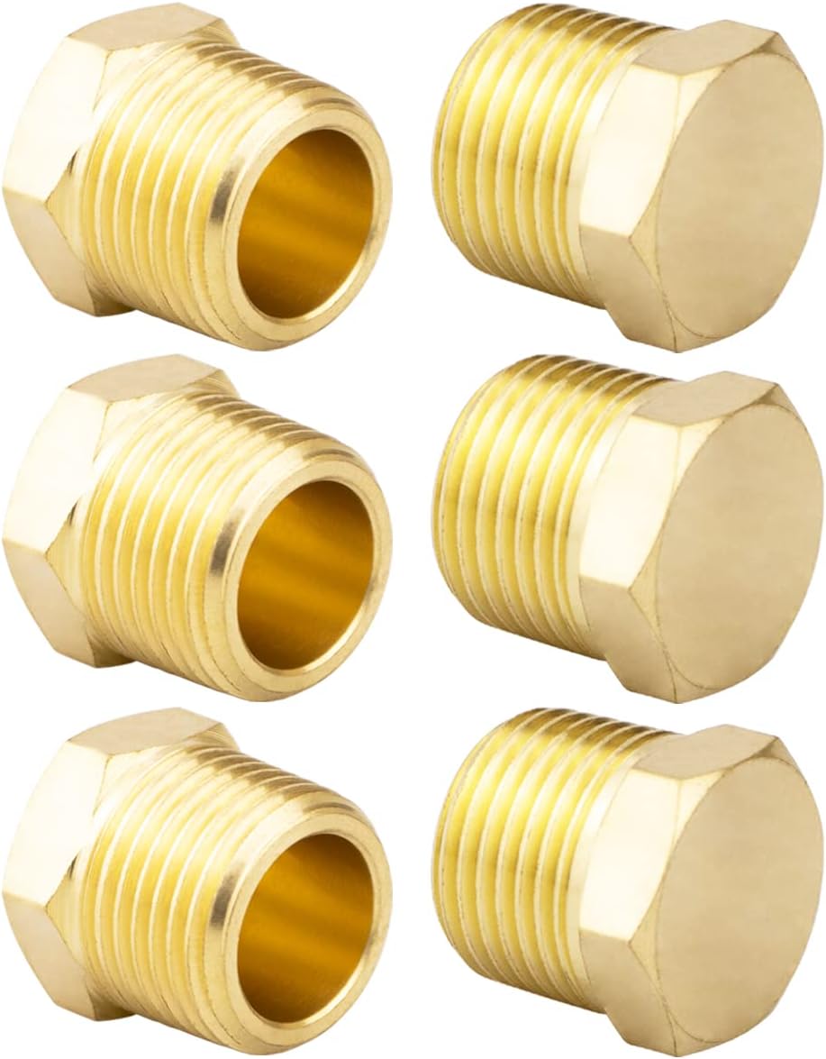 (12 Pack) Besosay 1/4 Inch NPT Male Brass Pipe Plug, Brass Outer Hex Thread Socket Pipe Fitting Plug