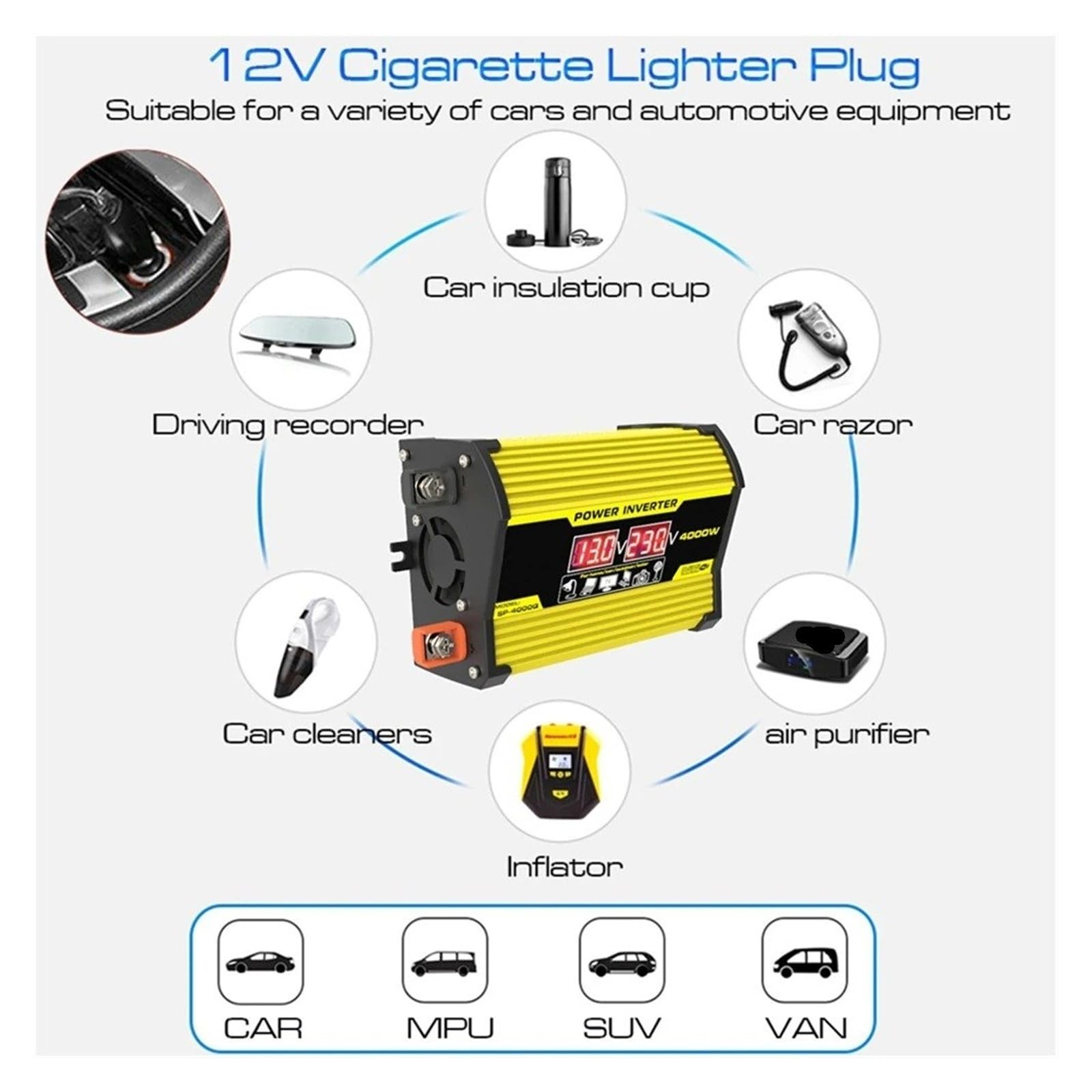 Onduleur Voiture Onduleur Portable pour Voiture Transformateur 12 Volts DC À 110/220 4000W Onde Sinusoïdale Modifiée USB Convertisseur