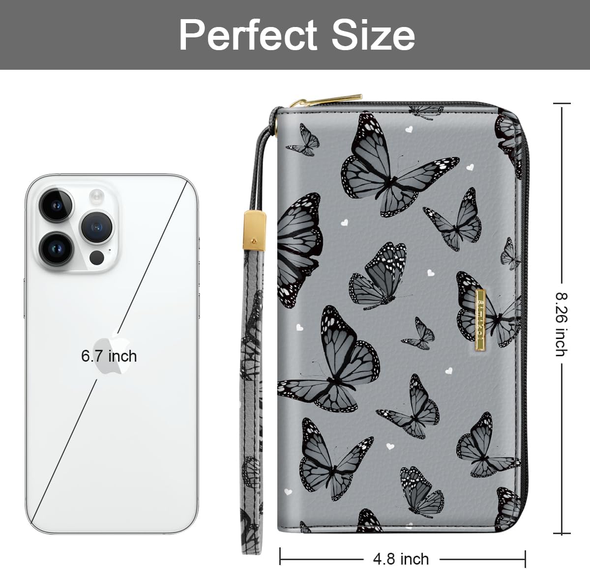 Large Capacity Wallets for Women RFID Blocking Leather Zip Around Phone Purse Ladies Travel Credit Card Clutch with Wristlet, Black Butterflies - Image 4