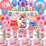 Kit Rosa Pig Globos Decoración 3 Años, Decoración Fiesta Pepp Pig Set, 93PCS Suministros de Fiesta Cumpleaños con Temática Incluyen Pancartas Platos Servilletas Mantel ect Bueno para 10 invitados