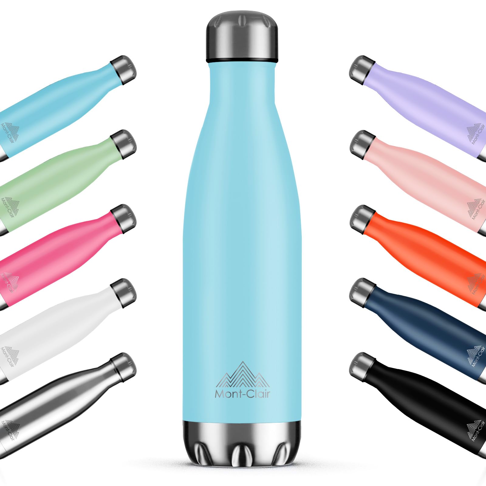 Mont-Clair H2O Stainless Steel Water Bottle, Vacuum Insulated - BPA Free, 12h Hot & 24h Cold Drinks, Metal Water Bottle 500ML Leakproof, Ideal for Adult, Kids, Running - Pastel Blue