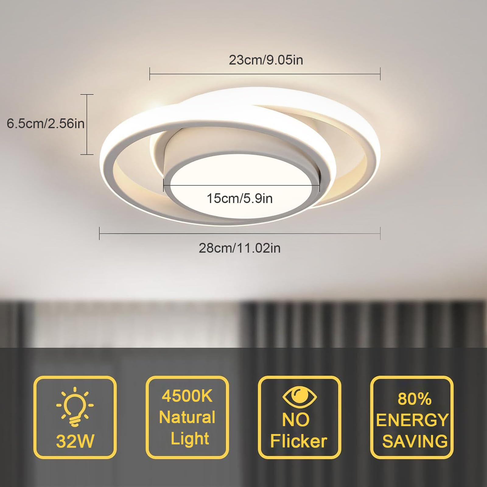 Comely LED Plafondlamp, Ronde Plafondlamp, Koud wit licht 6500K 32W 2350LM, Moderne LED-Plafondlamp voor Hal Keuken Slaapkamer Woonkamer, zwart