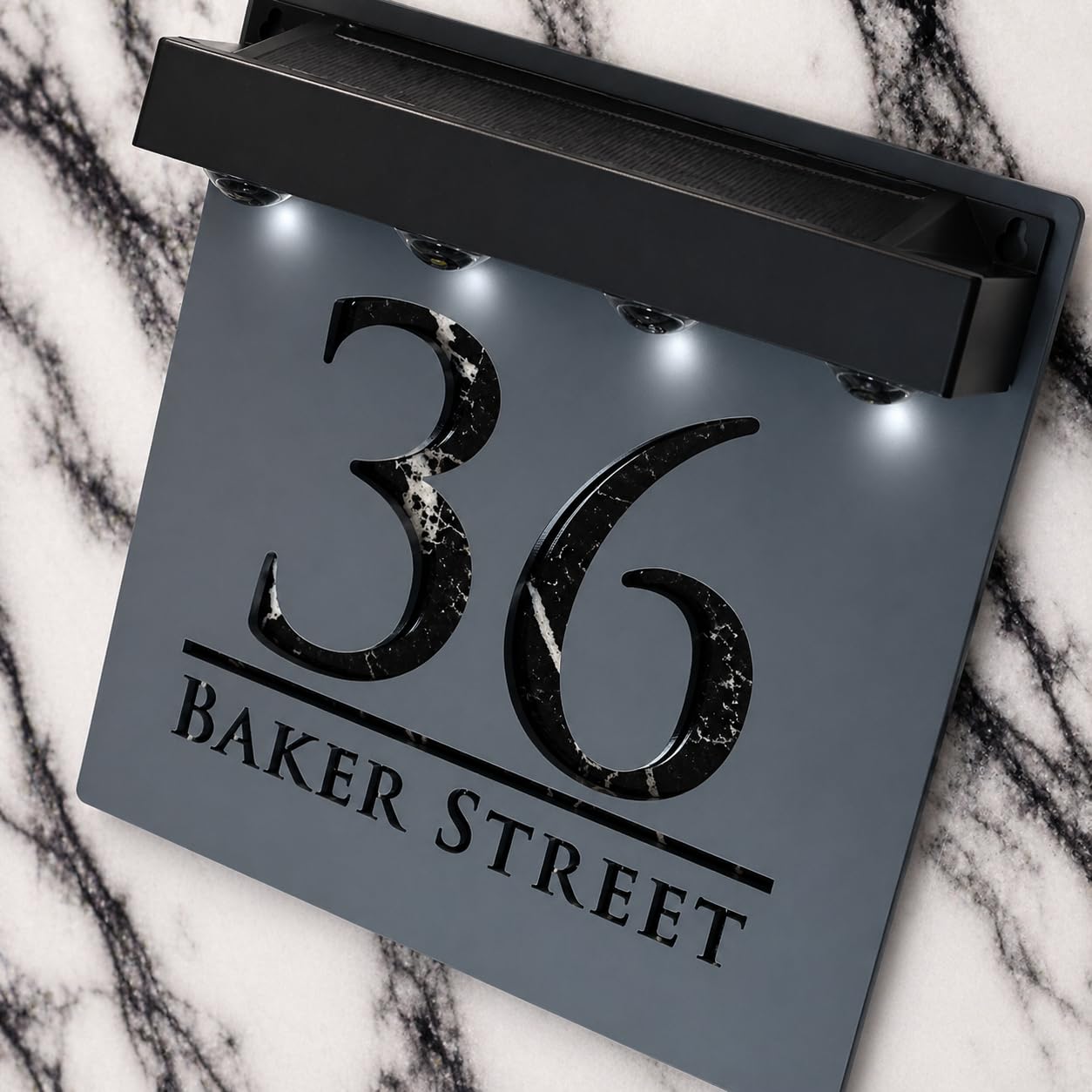 K Smart Sign | Bellissima S1 LED F32 | Square Solar Light House Signs Door Number Plaques With LED Personalised Name Address Sign For Wall With Classic Text (Matt Grey & Black Marble)