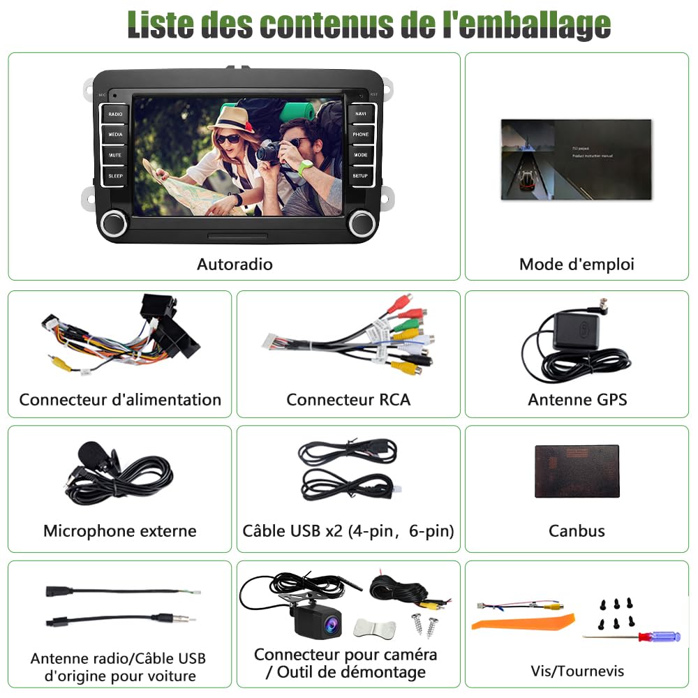 AWESAFE Autoradio Android pour Golf 5 6 VW Passat Polo Seat Skoda, 7 “ HD écran Tactile, intégré Bluetooth carplay Android Auto FM,RDS,GPS,WiFi avec Camera de recul[2Go+64Go]