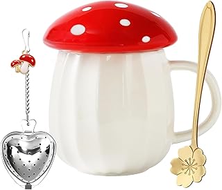 Yalucky Kawaii Cute Mushroom Mug Tea Cup Set Mushroom Stuff for Milk Coffee Tea Cup Mug with Lid Gifts for Girl Women Birthday Christmas Home Decor (Red)