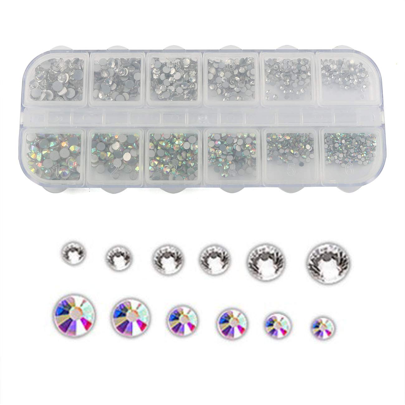 LRONG 1440PCS 6 Sizes (1.5-6 mm) Flat Back Gems Round Crystal Rhinestones with Pick Up Tweezer and Rhinestones Picking Pen for Crafts Nail Face Art Clothes Shoes Bags DIY